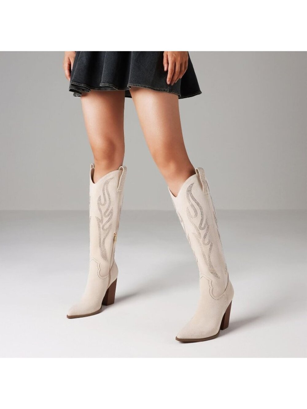 Women's Beige Rubber Pointed Toe Rhinestones Embroidered Western Knee High Boot - Picture 5 of 6